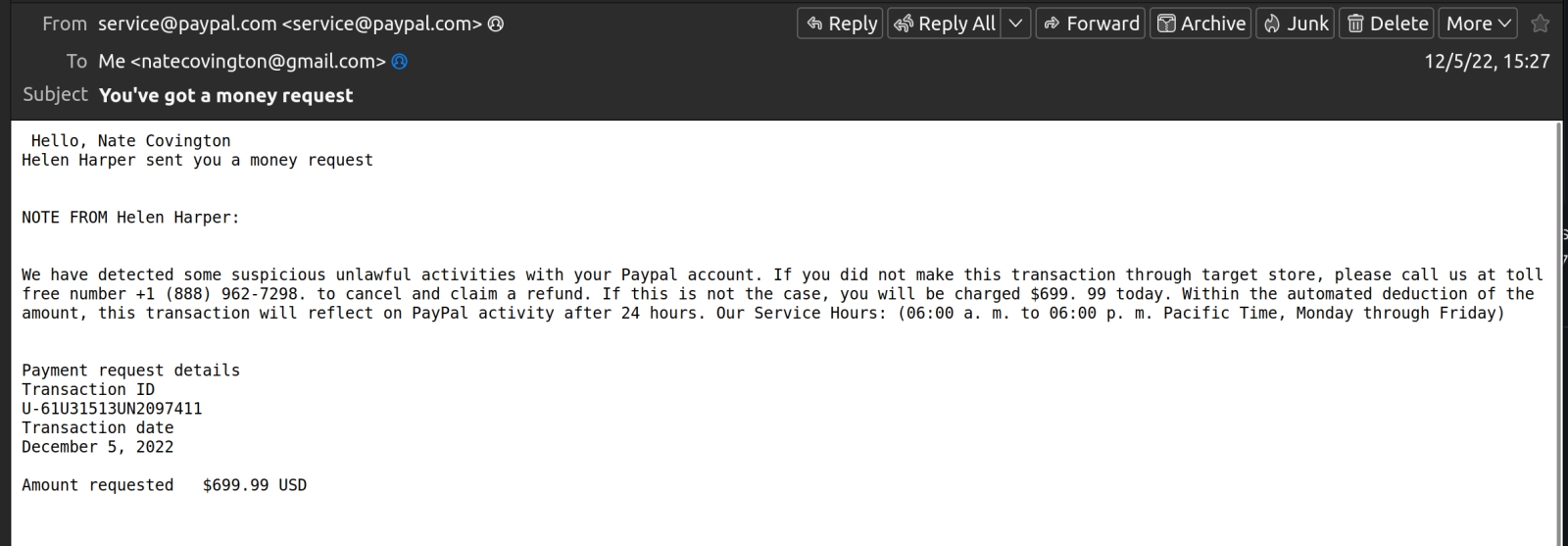 Scam: 'We have detected some suspicious unlawful activities with your